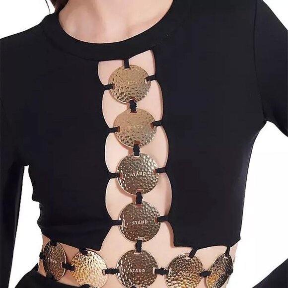 STAUD BLACK DELPHINE GOLD LOGO COIN CUTOUT MAXI DRESS BLACK SZ 8 LONG SLEEVE - Picture 4 of 15